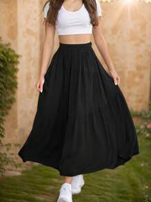 hoteel Chic Boho Style Pleated Design Maxi Skirt With Pockets, Elastic Waist Irregular Layer Hem A-Line Skirt, Woman's Clothes - 黑色 - 查看 5