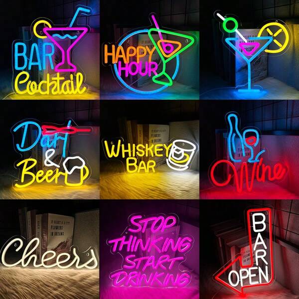 Bar Neon Sign, Shiskey Bar/Wine/Cheers/Bar Open/Bar Cocktails/Happy Hour/Stop Thinking And Start Drinking LED Neon Lights, Nightclub Tavern Counter Decoration Ambiance Lights, Open Bar Acrylic Board Neon Lighting Sign, Suitable For Bars, Homes, Small Pubs, Bedrooms, Man Cave, Parties, Clubs, Beer Bars, Living Rooms, USB Power Can Be Reused, Comes With Accessories, Easy To Install.