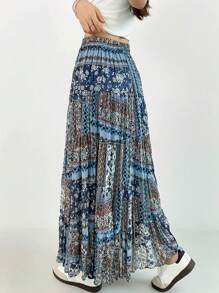 女士复古印花高腰宽松休闲夏季度假半身裙 - 藍色 - 查看 4