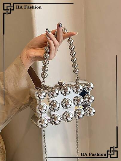 Mini Sliver Fashionable Wave Bead Handbag, Metallic Box Clutch Bag, Evening Party Purse, Makeup & Cellphone Bag, Unique Chain Crossbody Bag, Fun Gift