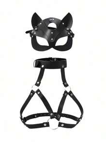 2pcs/Set Women Leather Cat Mask And Leather Bralette Cosplay Set, Suitable For Party Use - Multicolor - View 1