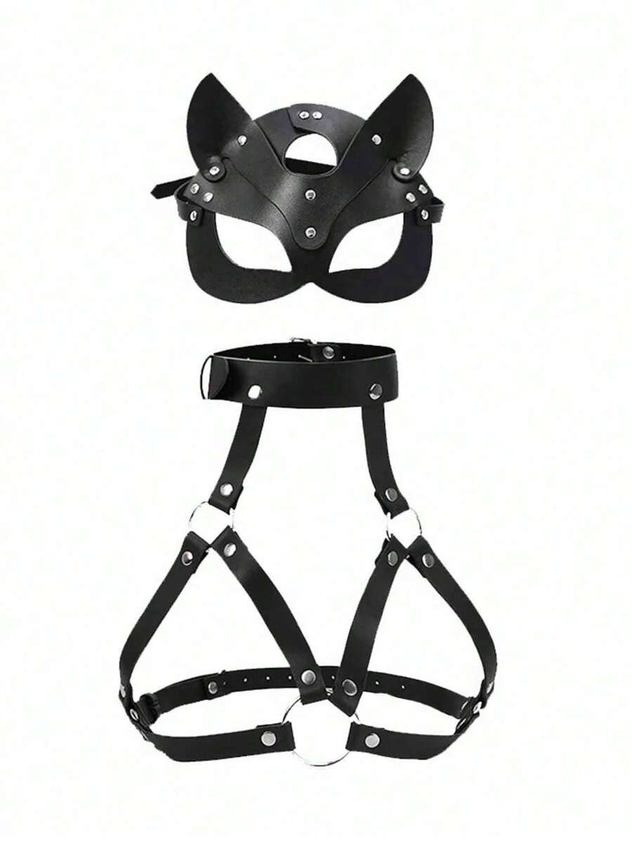 2pcs/Set Women Leather Cat Mask And Leather Bralette Cosplay Set, Suitable For Party Use - Multicolor - View 1