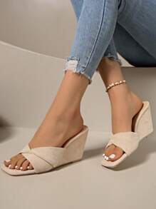 Women's Wedge Sandals, Solid Color Strap Wedge Slippers, Simple & Fashionable Ladies' Slide Sandals