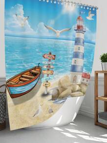 1 pièce/4 pièces Rideau de douche décoratif multifonction imperméable représentant un paysage marin avec phare, mouettes et bateau, avec 12 crochets, tapis de bain antidérapant, abattant de toilette en U, ensemble de salle de bain pour toutes les occasions, rentrée scolaire