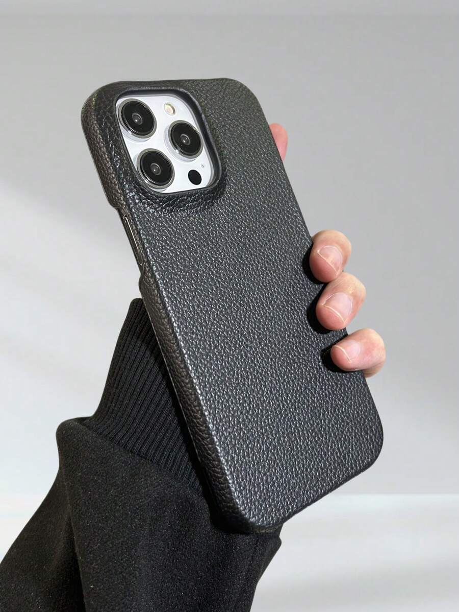 Leather Grain Anti-Drop PC Hard Shell Veneer Process Fashion Phone Case Compatible With APPLE - Black - View 1