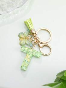 1 件创意绿色蝴蝶流苏钥匙扣带字母石树脂配件，女孩钥匙圈