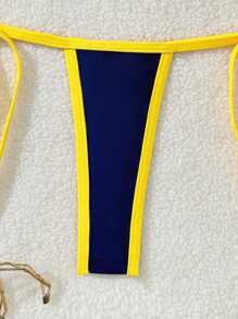 Traje de baño de bikini sexy y de moda de tanga con cintura alta de unicolor y contraste para playa, fiesta y vacaciones - Amarillo - Ver 3