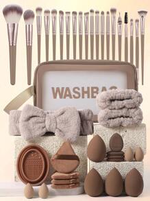 41pcs Makeup Brush & Sponge Set, Including 20pcs Makeup Brushes, 1pc Makeup Sponge, 1pc Makeup Brush Cleaning Bowl, 1pc Travel Toiletry Bag - Coffee Brown - View 1