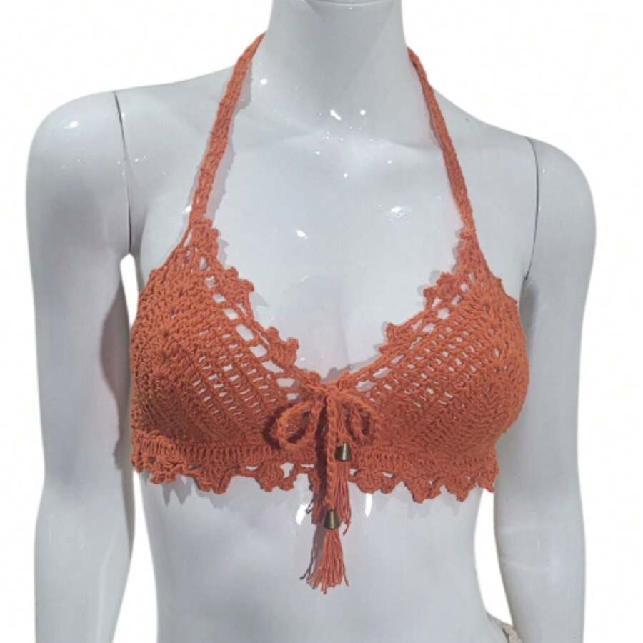 Crochet Top With Pendant Beachwear Spring Summer - Naranja - Ver 1