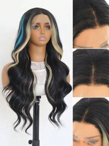 Long Wavy Ombre Highlight Blue To Brown Colorful Lace Front Wigs With Bangs For Women Long Curly Natural Heat Resistant Fiber Synthetic Blue Mixed White Wigs For Halloween Daily Use Party Cosplay