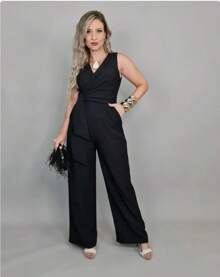 Long Wrap Jumpsuit With V-Neckline - Black - View 4
