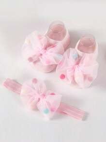 1 Pair Girls' Anti-Slip Crawler Socks With Bow Headband, Cute Warm Indoor Trampoline Socks, Suitable For Spring/Summer - Multicolor - View 3