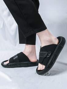 Men's Fashionable Versatile Height Increasing Slide Sandals, Thick Sole Hook-And-Loop, Summer - Black - View 2