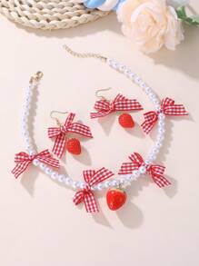 3pcs/Set Girls' Bow, Strawberry, Shell, Pearl Beaded Necklace & Earrings Jewelry Set - Multicolor - View 1