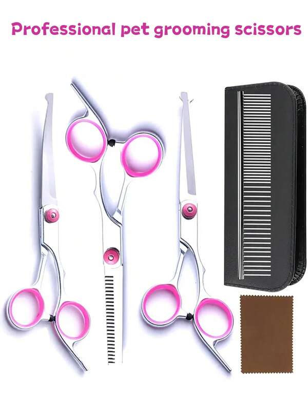 Pet Grooming Scissors Set, Includes Professional Straight Scissors, Thinning Scissors, Curved Scissors, And Stainless Steel Comb, Suitable For Pet Hair Trimming And Brushing, In Pink
