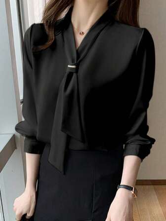 Women's Solid Color Tie Collar Long Sleeve Elegant Office Shirt, Autumn