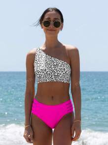 popvil Set bikini a vita media con stampa leopardata, scollo a una spalla e cut-out, adatto per l'estate e la spiaggia