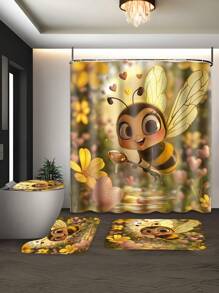 1-4 件套浴室套装包括可爱的蜜蜂和花朵印花浴帘、柔软法兰绒海绵浴室垫、防滑马桶 U 型垫、干湿分离浴室垫装饰