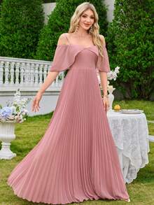 Chiffon Minimalist Sexy Off Shoulder Ruffle Bodycon Party Wedding Dress,Bridesmaid Dress - Coral Pink - View 6