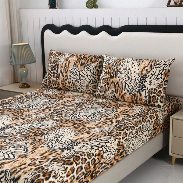 3pcs Polyester Printed Bedding Set, Including 1 Fitted Sheet & 2 Pillow Cases, Skin-Friendly Soft & Comfortable, Suitable For Bedroom, Home, Hotel Use