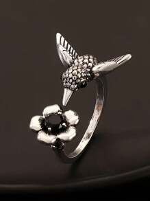1pc Vintage Bronze Hummingbird & Floral Design Open Ring For Women