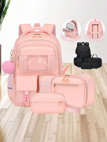 3pcs/Set Teen Girl's Backpack - Middle School Student Bag With Lunch Box Pocket & Pencil Case, 15.6-Inch School Laptop Backpack, Casual Simple Multi-Pocket Design With Plush Ball Pendant, Back-To-School Essential For School & Travel