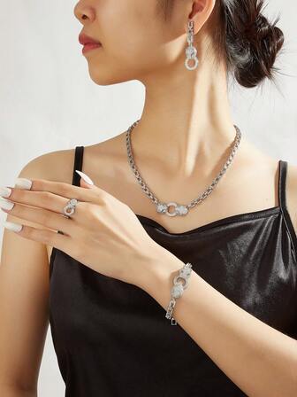 Juego de 5 piezas de joyería de lujo adecuado para fiestas de baile de Oriente Medio, banquetes, citas diarias, vestidos formales, vestidos de novia - Incluye collar, aretes, anillo, brazalete, todo cubierto con piedras de circonia brillantes