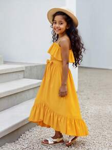 Girls' Summer Dress, Sunlight Yellow 3D Ruffle Strap Dress, Girls Beach Holiday & Daily Outfit - Yellow - View 3