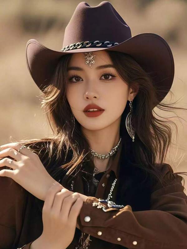 1pc Black Gold Spliced Denim Hat With Classic Western Style, Simple And Fashionable Wide Edged Rolled Felt Denim Hat