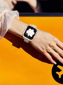 2 pièces/set Étui de montre étincelant avec décoration de strass à la mode et glamour, en plastique ajouré, résistant aux chutes, compatible avec les boîtiers de montre Apple Watch 38/40/41/42/44/45/46/49 mm, pour les séries Ultra/SE/10/9/8/7/6/5/4/3/2/1, accessoires d'étui de montre intelligente or+transparent