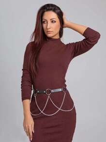 1pc Women's Sexy Lingerie Accessory - Versatile Black PU Leather Waist Cincher Belt - Punk Style With Multi-Layer Tassel Chain Decor - Suitable For Commuting With Dresses And Blouses - Black - View 5