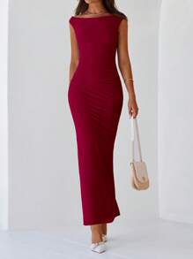 Women Elegant One Shoulder Mesh Maxi Dress Maxi Dress Summer Sleeveless Ruched Slit Back Bodycon Dress Formal Cocktail Wedding Guest Night Out Evening Valentine's Day Long Maxi Dress - 酒紅色 - 查看 6