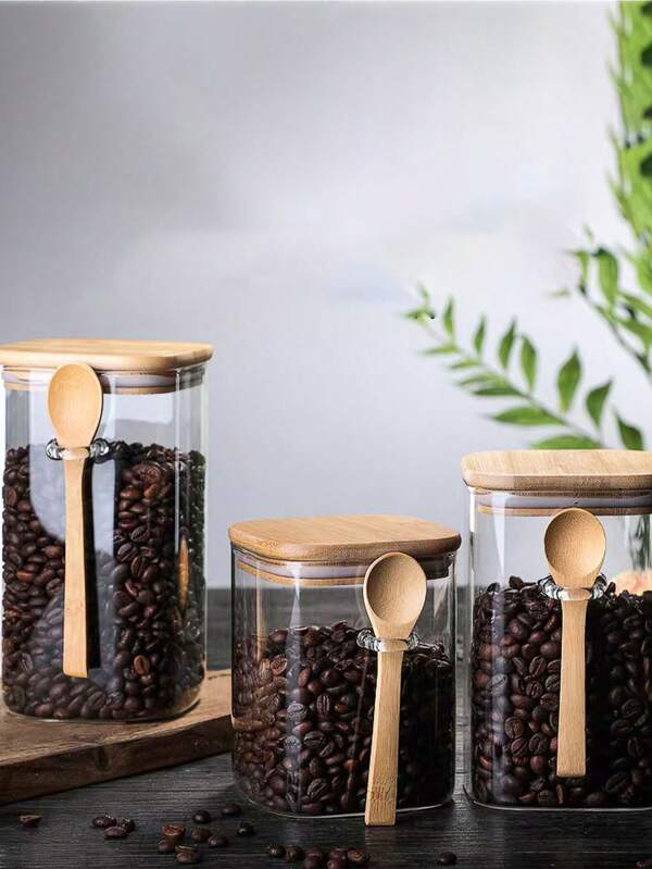 1pc Popular Glass Airtight Canister, Kitchen Food Storage Jar With Wooden Scoop, For Coffee Beans, Spices, Condiments Back To School