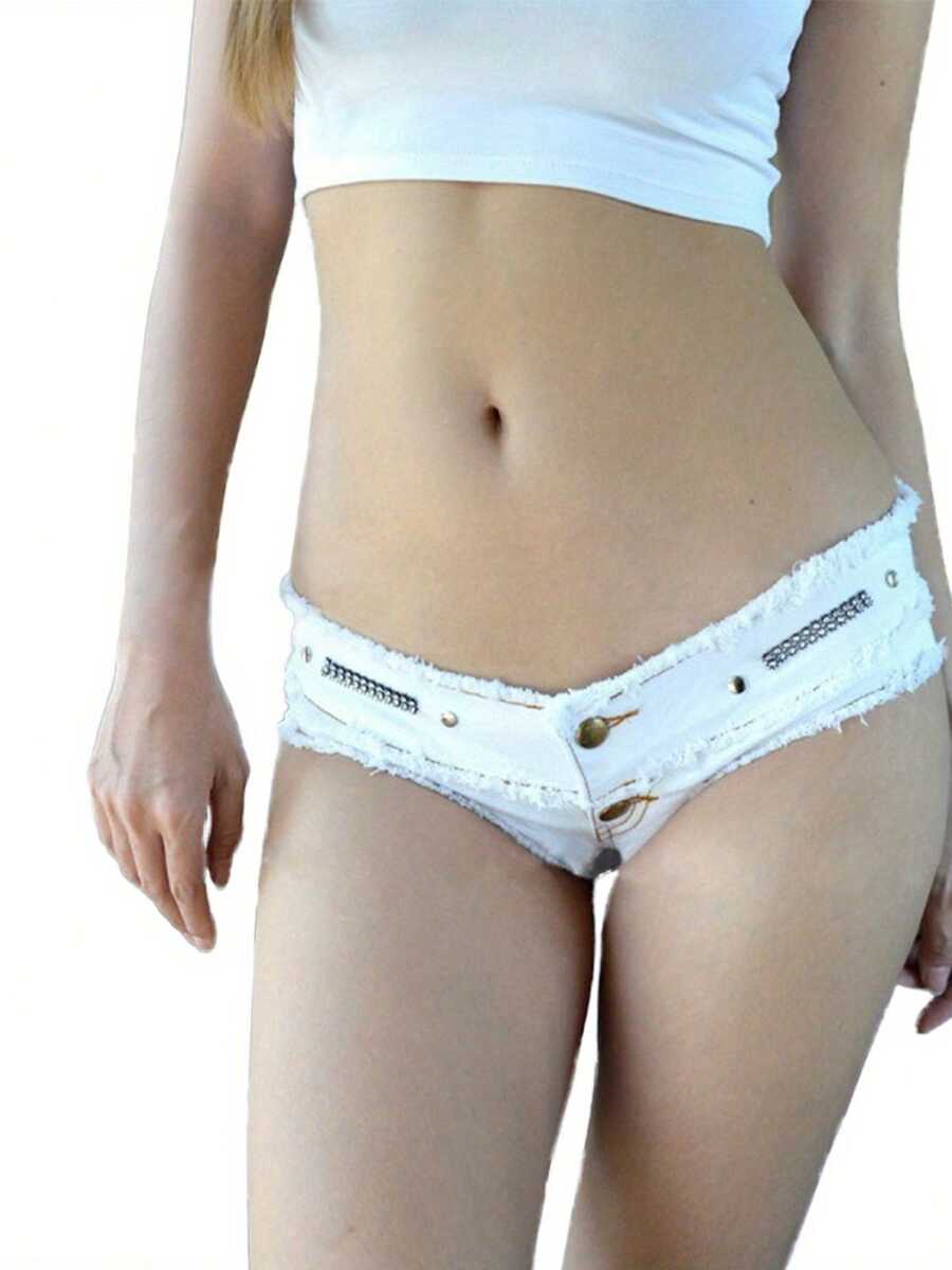 Womens Casual Summer Short Jeans, Triangle Crotch Low Waist With Buttons For Summer Party Beach - 白色 - 查看 1