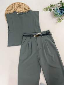 Women's Set: Summer Sleeveless Solid Color Round Neck Top And Wide Leg Pants With Belt And Bag - Grey - View 2