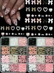 12-Compartment Box Mixed Resin Pearl Bow, Heart, Mini Floral Decor For DIY Nail Art Accessories, Versatile & Cute