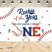 [Vinyl Photo Booth Background] Baseball-Themed 1st Birthday Party Backdrop - Rookie Of The Year Design, Blue & Red Wooden Board Hitter, Vinyl Photo Booth Background For Celebrations - Multicolor - View 4