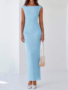 Women Elegant One Shoulder Mesh Maxi Dress Maxi Dress Summer Sleeveless Ruched Slit Back Bodycon Dress Formal Cocktail Wedding Guest Night Out Evening Valentine's Day Long Maxi Dress - xanh nhạt - Xem 4