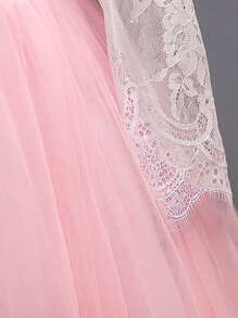 New Girls Long Sleeve Lace Dress, Children Princess Bow Mesh Tulle Dress, Christmas Wedding Flower Girl Piano Recital Costume (Please Select Size According To Chest Measurement In Size Chart) - Pink - View 7
