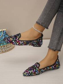 Plus Size Women's 35-45 Pointed Toe Flats, New Autumn Outdoor Daily Casual Loafers, Fashion Soft Bottom Work Driving Sequin Flat Shoes, Comfortable Versatile Skirt Pairing Slip-On Flats - Rainbow Sequins - View 3