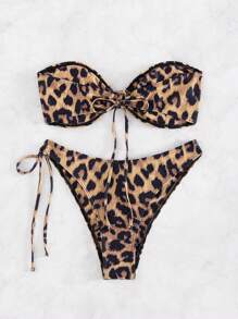 Set di bikini sexy alla moda, costume da bagno da donna con stampa leopardata, fascia e lacci, adatto per spiaggia ed escursioni estive