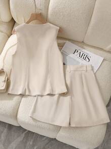2pcs/Set Women Linen Blend Simple Single-Breasted Vest And Shorts Set, Summer - Khaki - View 2