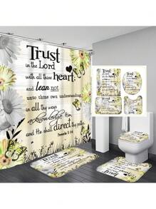 1pc/4pcs Floral & Bible Verse, Flower & Butterfly Print Multi-Function Bathroom Decor Set Incl. Waterproof Shower Curtain With 12 Hooks, Non-Slip Bath Mat, U-Shaped Toilet Mat & Round Toilet Lid Cover, Suitable For Entire Bathroom Back To School