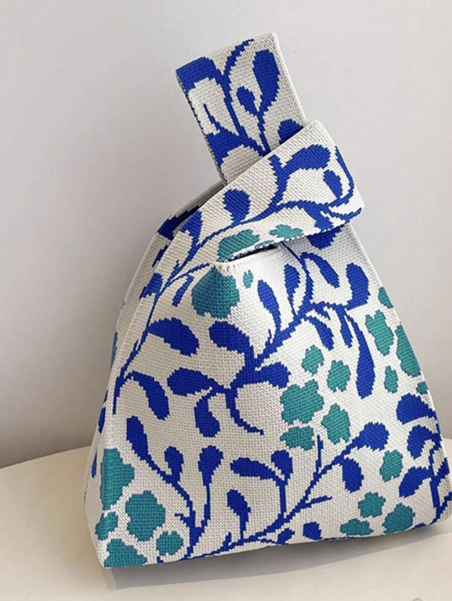 迷你轻便可折叠可爱蓝色树脂镂空透气撞色针织手提包腕带适合海滩、拍照、学生女孩