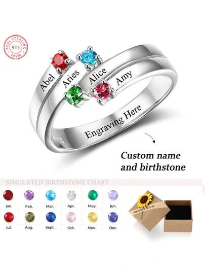 925er Silber funkelnder Stein Ring mit individualisierter Gravur von Name und Geburtstag, Schmuckgeschenk für Damen, Valentinstags- oder Muttertagsgeschenk