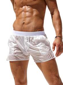 Men Swimming Trunks, Elastic Waist See-Through Summer Beach Shorts Swimwear With Pockets - 白色 - 查看 1