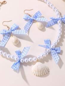 3pcs/Set Girls' Bow, Strawberry, Shell, Pearl Beaded Necklace & Earrings Jewelry Set - Multicolor - View 6