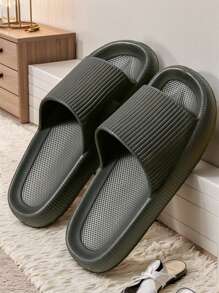 New Summer Fashion Versatile Black Vertical Stripe Single Strap Flip Flops For Men, Thick Soft Comfortable Non-Slip Odor-Resistant EVA Indoor/Outdoor Slippers, Shower Shoes - Black - View 14