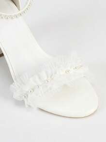 Women's High Heel Chunky Heeled White Wedding Sandals With French Ankle Strap, Faux Pearl Decor, Elegant Fashion Versatile, Comfortable For Events & Parties - White - View 4