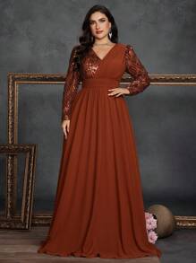 Plus Size Sequin Embellished Chiffon V-Neck Long Sleeve A-Line Formal Evening Gown, Party Dress, Wedding Guest Dress, Evening Dress - 鏽棕色 - 查看 1
